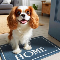 Close-up of a cheerful Cavalier King Charles Spaniel smiling at the camera, standing on a blue doormat with the word "Home" on it, inside a house. The dog is in the doorway, greeting guests.