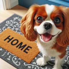 Close-up of a cheerful Cavalier King Charles Spaniel smiling at the camera, standing on a blue doormat with the word "Home" on it, inside a house. The dog is in the doorway, greeting guests.