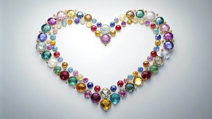 Obraz premium Delicate outline of a heart shape formed by a halo of sparkling gemstones, symbolizing love, luxury, and elegance, on a soft, dreamy white background.