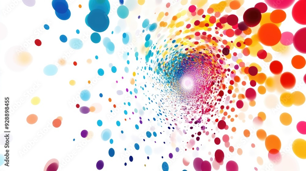 Poster abstract swirl of multicolored polka dots on a white background, blending movement and color in a pl