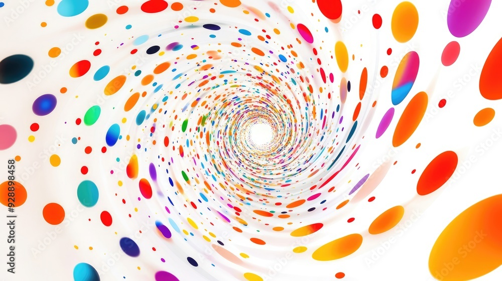 Poster abstract swirl of multicolored polka dots on a white background, blending movement and color in a pl