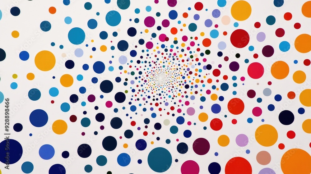 Poster abstract swirl of multicolored polka dots on a white background, blending movement and color in a pl