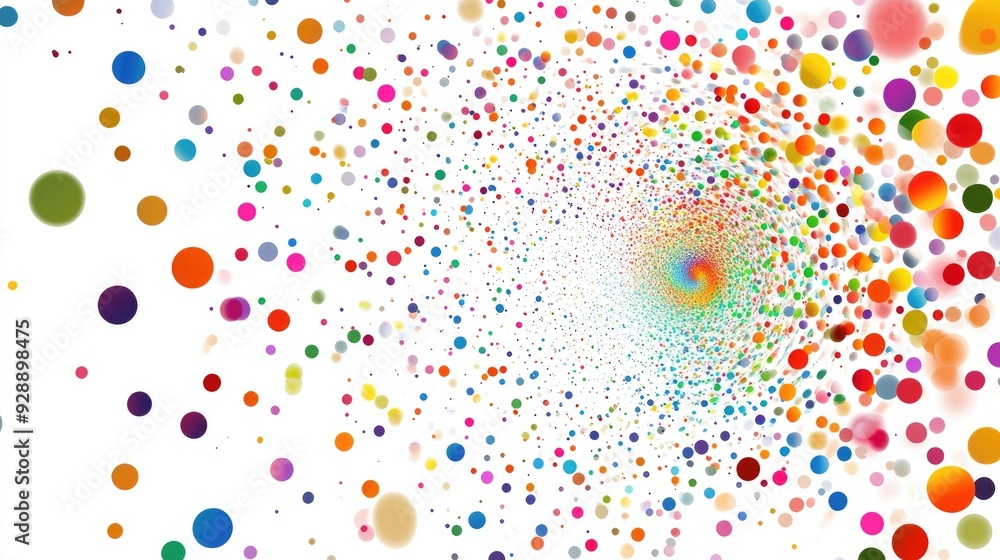 Poster abstract swirl of multicolored polka dots on a white background, blending movement and color in a pl