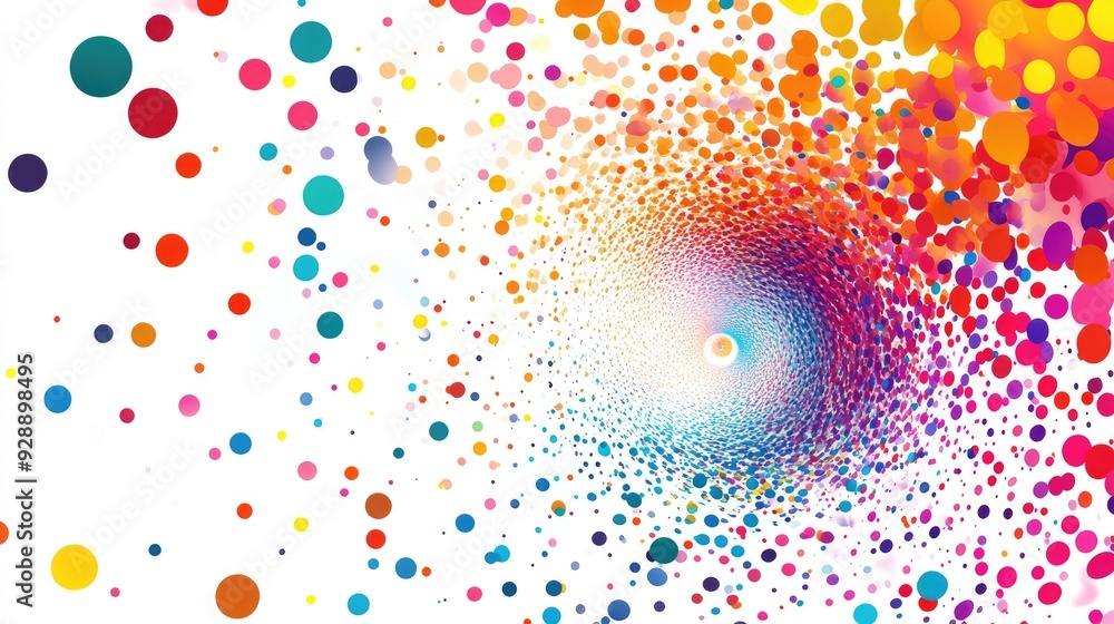 Poster abstract swirl of vibrant polka dots in a spiral formation on a white background, creating a fun and