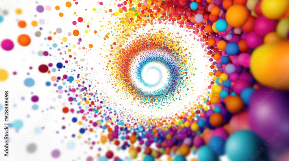 Poster abstract swirl of vibrant polka dots in a spiral formation on a white background, creating a fun and