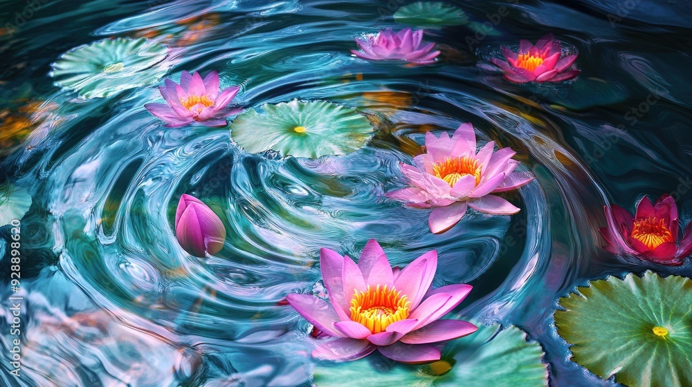 Poster abstract vibrant lotuses in a spiral matrix on swirling water, perfect for creating a tranquil and v
