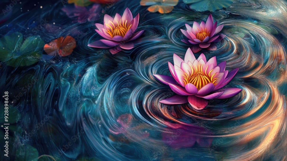 Poster abstract vibrant lotuses in a spiral matrix on swirling water, perfect for creating a tranquil and v