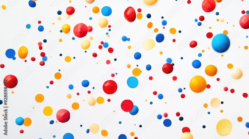 Poster abstract vibrant raindrop-inspired dots, dynamically falling against a crisp white background, creat