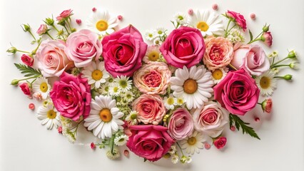 Obraz premium Delicate pink and red roses, daisies, and baby's breath flowers carefully arranged in a whimsical heart shape on a soft, white background.