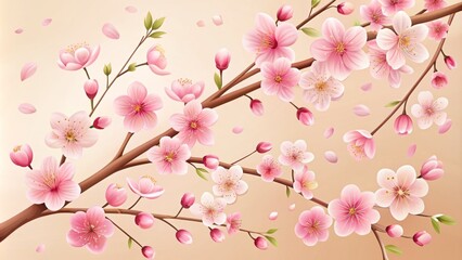 Fototapeta premium Delicate pink cherry blossom sakura flowers bloom amidst gentle branches, set against a soft cream background in a modern flat vector illustration style.