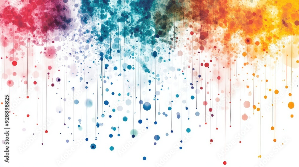 Poster beautiful abstract design with dynamic colorful dots raining down on a crisp white background for a 