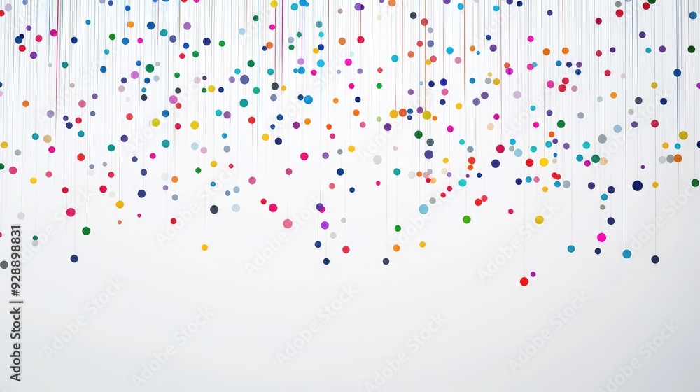 Poster beautiful abstract design with dynamic colorful dots raining down on a crisp white background for a 