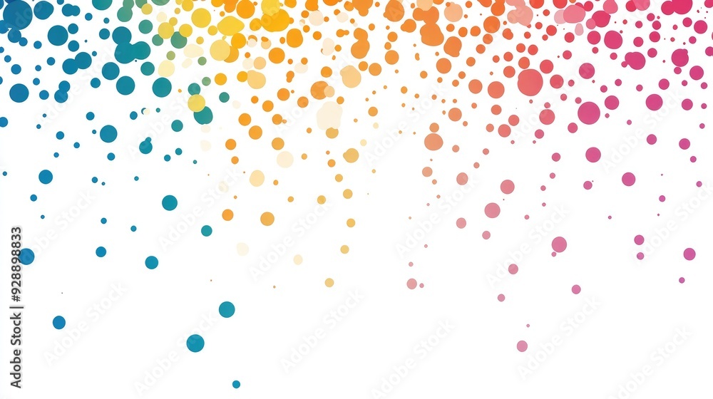 Poster beautiful abstract design with dynamic colorful dots raining down on a crisp white background for a 