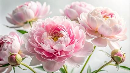 Obraz premium Delicate pink peony blooms against a pristine white background, its lush petals softly curled, evoking elegance and serenity in this stunning floral close-up.