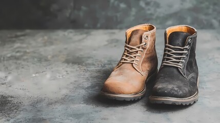 A pair of stylish boots, one brown and one black, resting on a textured surface, perfect for outdoor or casual fashion photography.