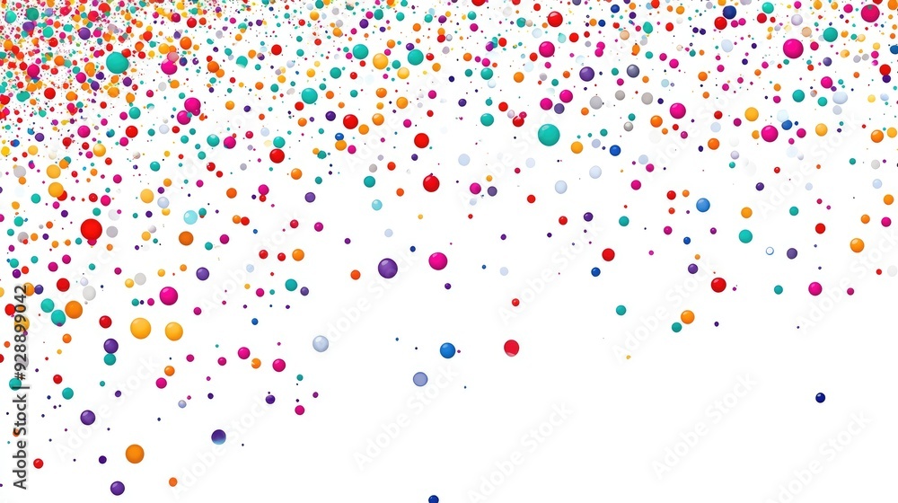 Poster beautiful abstract raindrop-inspired design with colorful dots dynamically falling on a clean white 