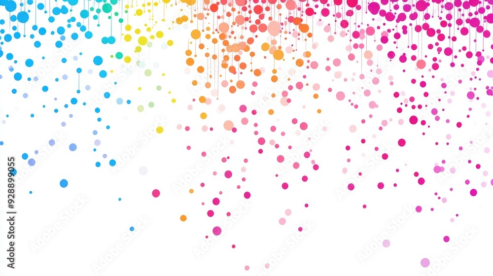 Poster beautiful abstract raindrop-inspired design with colorful dots dynamically falling on a clean white 