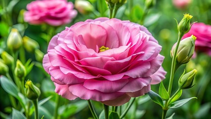 Fototapeta premium Delicate, ruffled petals of a bright pink eustoma flower bloom amidst lush green foliage, exuding elegance and sophistication in a soft, natural light setting.