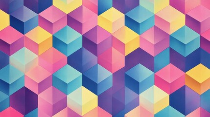 Bold and colorful pattern of repeating pentagons in shades of pink, blue, yellow, and purple, creating a striking geometric design
