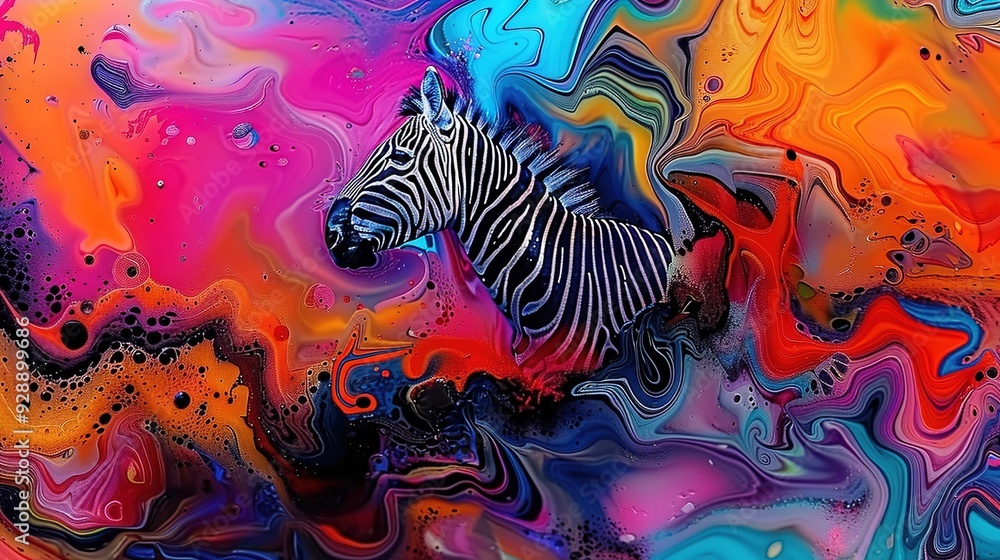Poster a zebra stands before a swirling, multicolored canvas with drops of paint