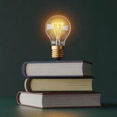 Stack of books with glowing lightbulb, symbolizing knowledge and ideas, 3D illustration