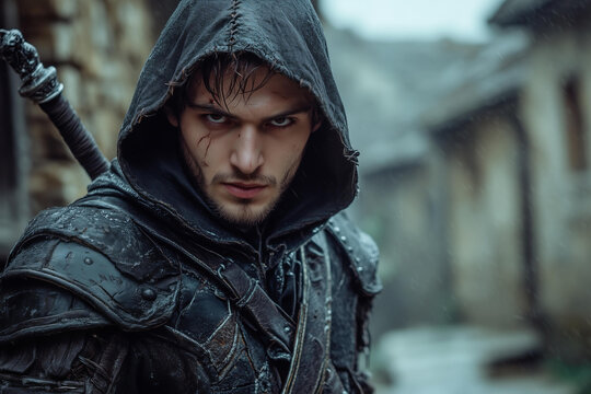 attractive young male assassin , a strong expression on his face, outfit with a hood, daggers in his hands. blurred background of old medieval town,fantasy fictional character