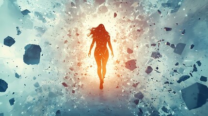 Fototapeta premium A silhouetted figure walks through an explosion of light and debris, symbolizing power and transformation in a surreal landscape.