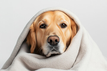 Cozy Golden Retriever wrapped in a soft blanket, exuding warmth and comfort, showcasing gentle eyes that reflect loyalty and serenity against a neutral background.