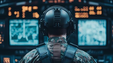 A soldier monitors technology in a high-tech military control room, showcasing focus and precision in operations.