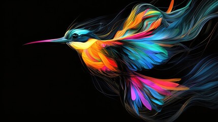 Colorful bird with flowing 3D plumage against a black background, emphasizing movement and vivid abstract design