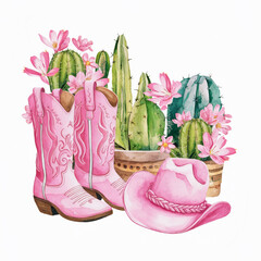 pink cowboy boots and hat with cactus watercolor illustration