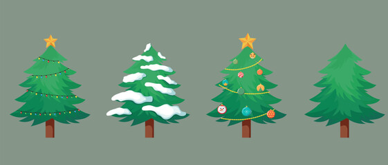 Set of Christmas trees for greeting card, invitation, banner, web. Decorative winter objects - a star, toys, garlands. Vector illustration