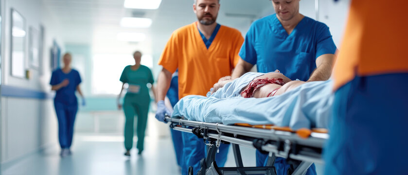 Emergency response team transporting a critically injured patient through a hospital corridor, showcasing urgency and teamwork in a healthcare setting.