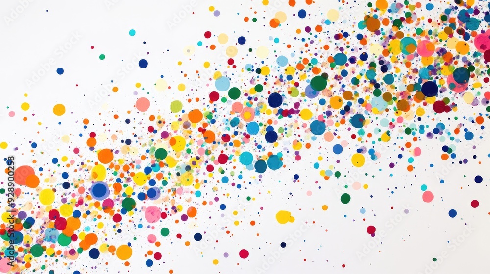 Poster colorful dots in dynamic motion, cascading down on a white background, creating an abstract and play