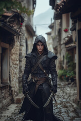 Naklejka premium attractive young male assassin , a strong expression on his face, outfit with a hood, daggers in his hands. blurred background of old medieval town,fantasy fictional character