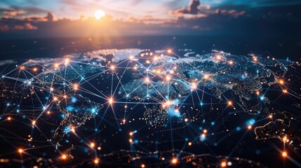 A detailed illustration of a world map surrounded by lines and dots, suitable for educational or decorative purposes