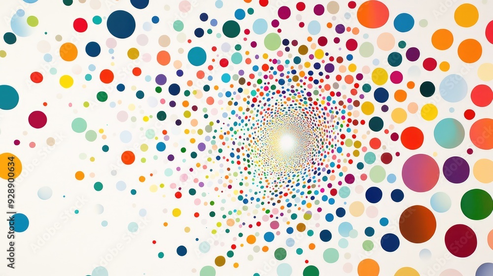 Poster colorful polka dot web in a spiral pattern on a clean white background, creating a lively and modern