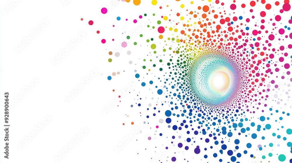 Poster colorful polka dot web in a spiral pattern on a clean white background, creating a lively and modern
