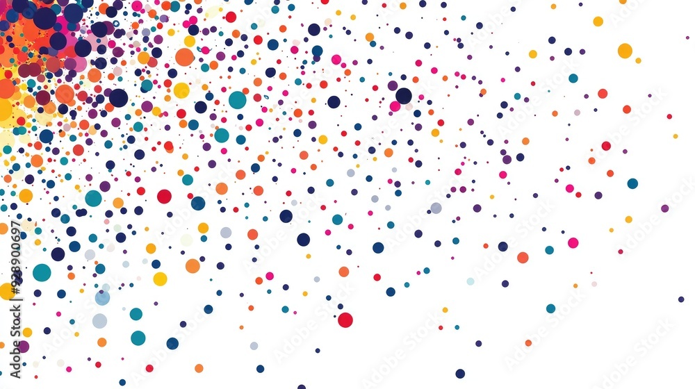 Poster colorful raindrop-like dots falling dynamically on a white background, creating a playful and abstra