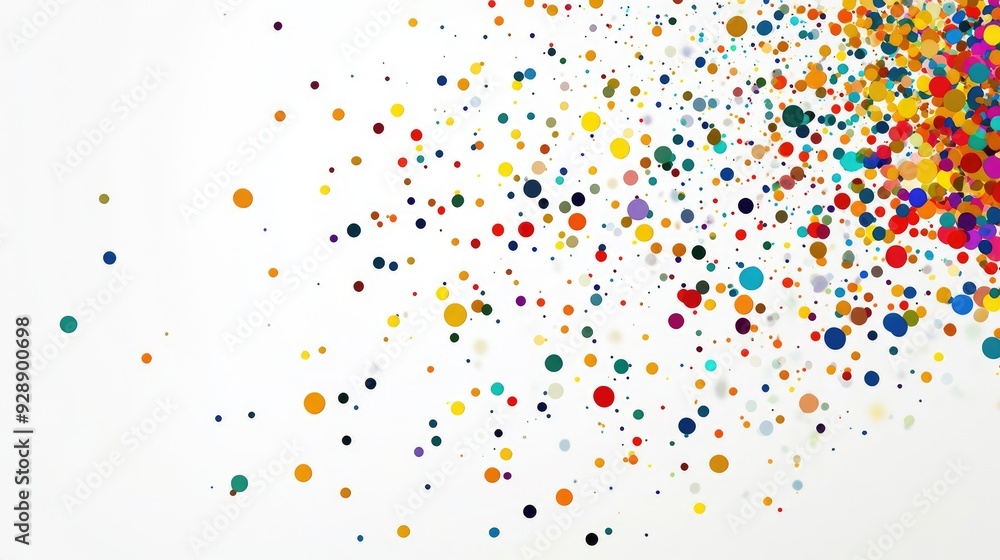 Poster colorful small circles falling dynamically, forming an abstract pattern against a clean white backgr