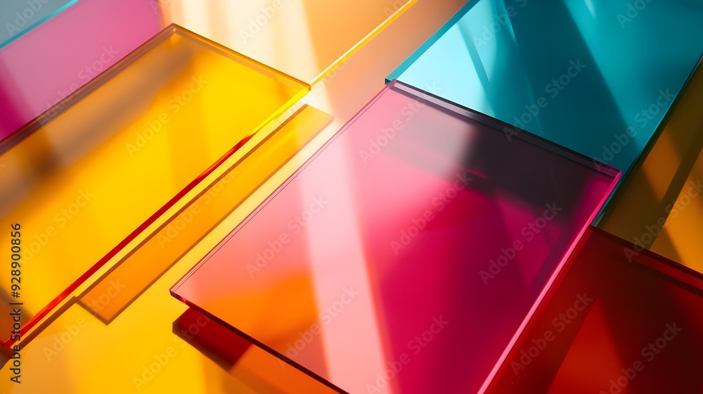 Poster vibrant geometric abstract patterns backdrop with layered shapes and colors