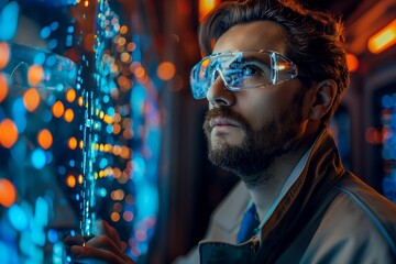 A man with a beard wearing safety goggles looks at a glowing screen with a blurred background.