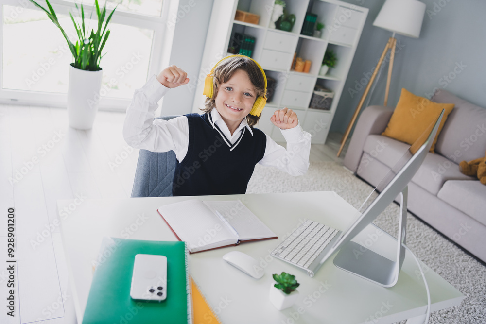 Wall mural portrait of charming cute glad clever boy sitting chair table computer video lesson remote education