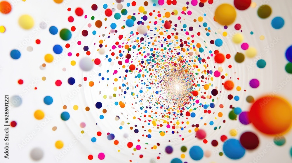 Poster colorful web of polka dots in a spiral arrangement on a white background, offering a fun and dynamic
