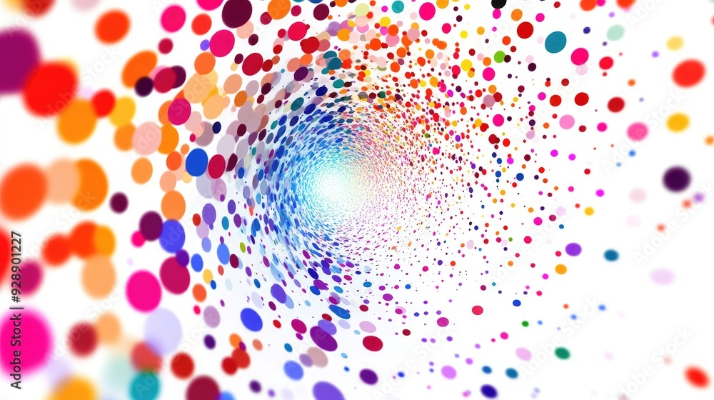 Poster colorful web of polka dots in a spiral arrangement on a white background, offering a fun and dynamic