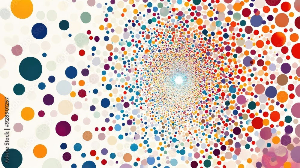 Poster colorful web of polka dots in a spiral arrangement on a white background, offering a fun and dynamic