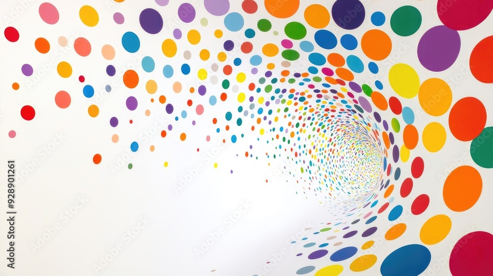Poster colorful web of polka dots in a spiral arrangement on a white background, offering a fun and dynamic