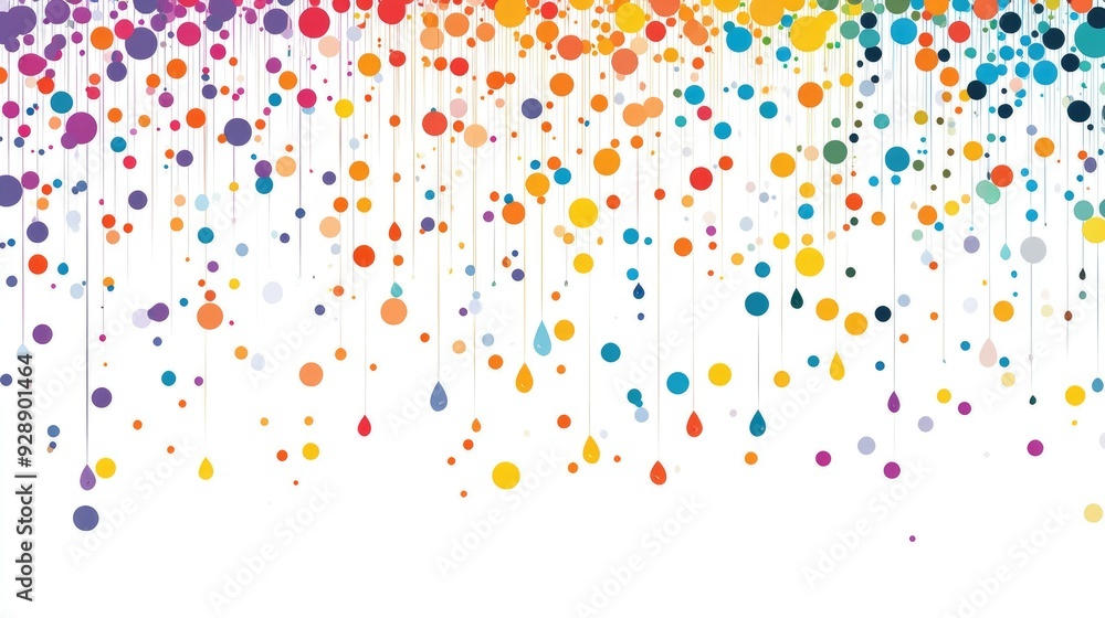 Poster colorful dots in a dynamic raindrop pattern, falling gracefully on a white background for an abstrac
