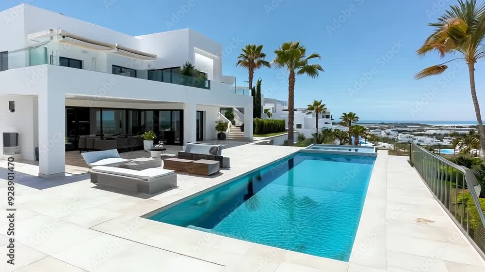 Poster luxury contemporary architecture house with pool and garden