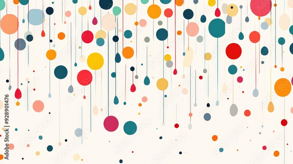 Poster colorful dots in a dynamic raindrop pattern, falling gracefully on a white background for an abstrac
